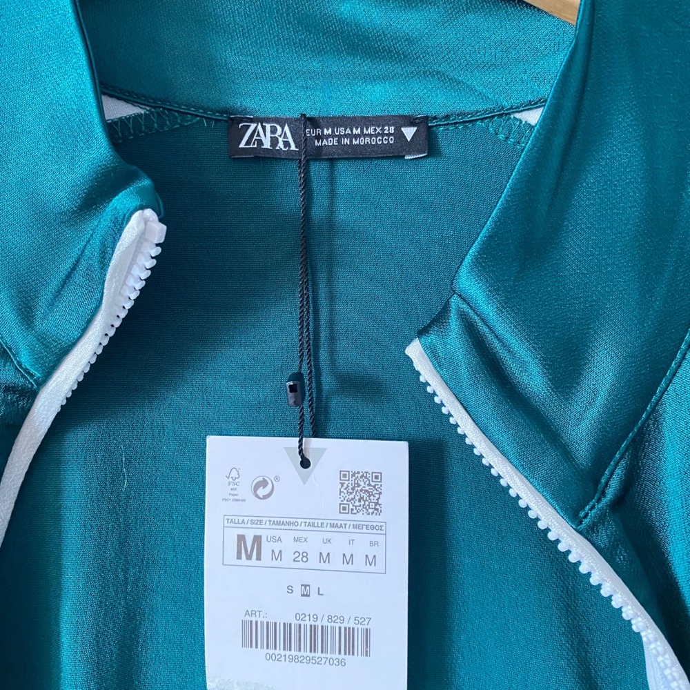 Zara Women Teal Green Satin Cropped Track Jacket Zip Up White Stripe Size Medium - Picture 3 of 5